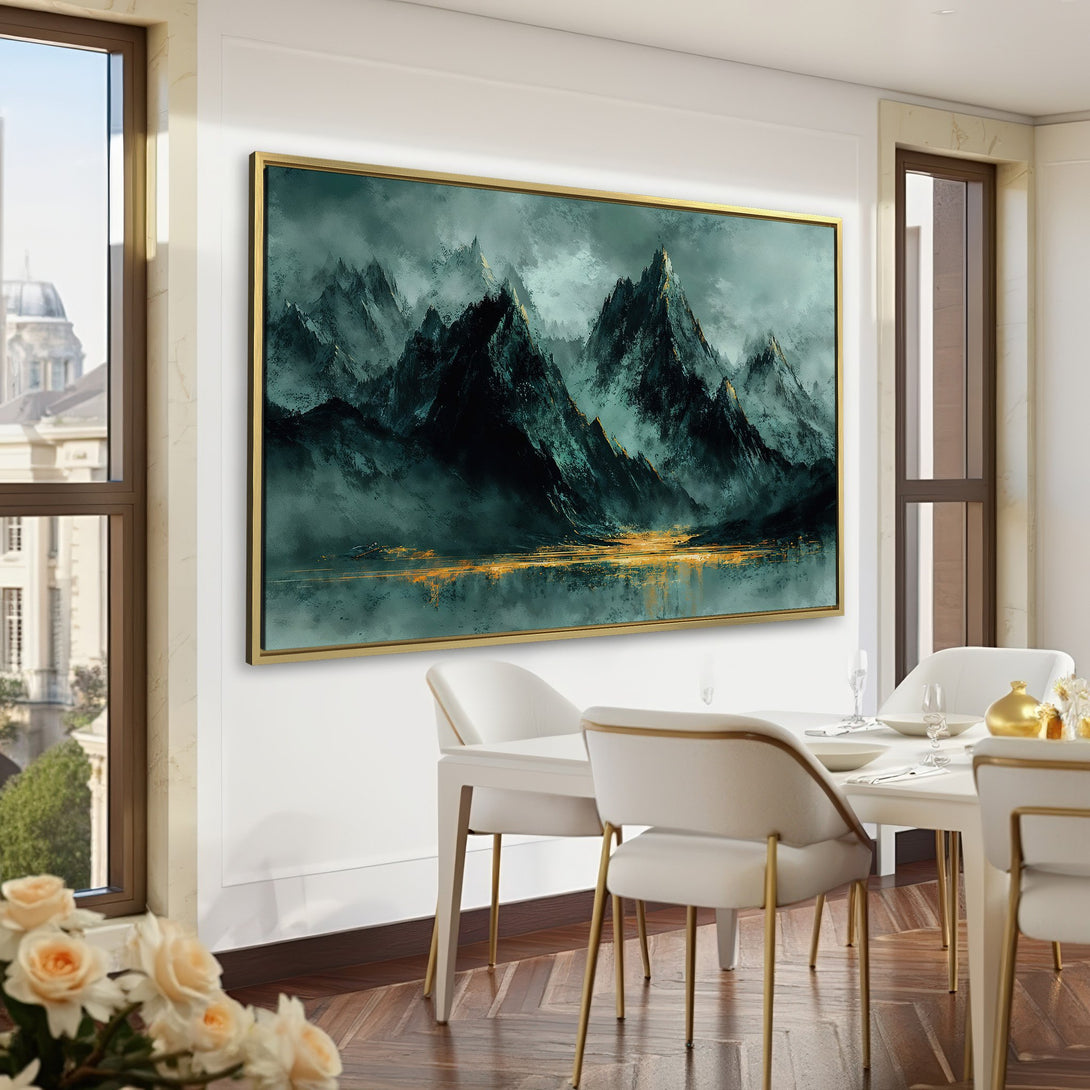 Canvas Print of a dramatic mountain landscape in moody gray and gold tones. Perfect for modern decor.
