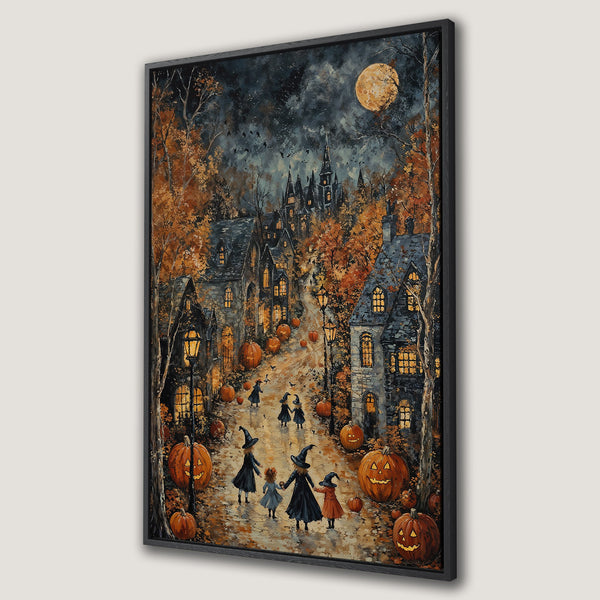 Framed Wall Art featuring a Halloween scene with witches, pumpkins, and a spooky village. Warm autumn color palette. Perfect for Halloween decor.