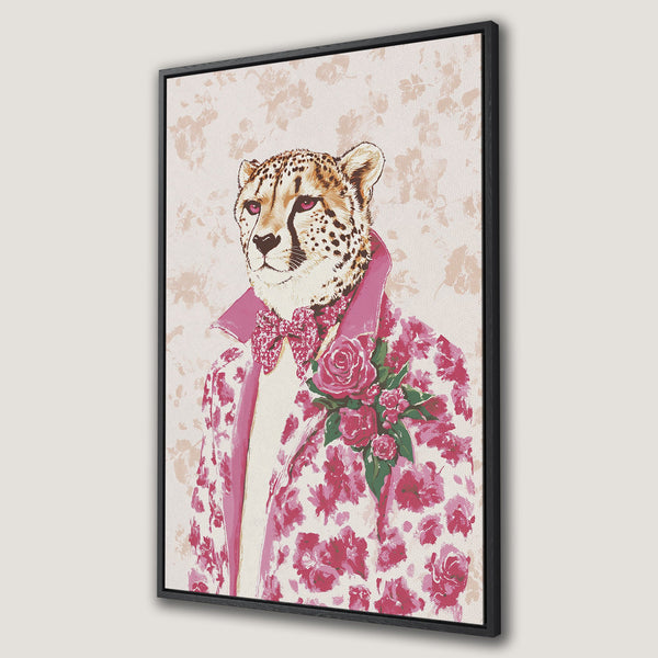 Framed Wall Art featuring a dapper cheetah in floral attire. Stylish, whimsical art in pink and neutral tones. Perfect for adding personality to your space.