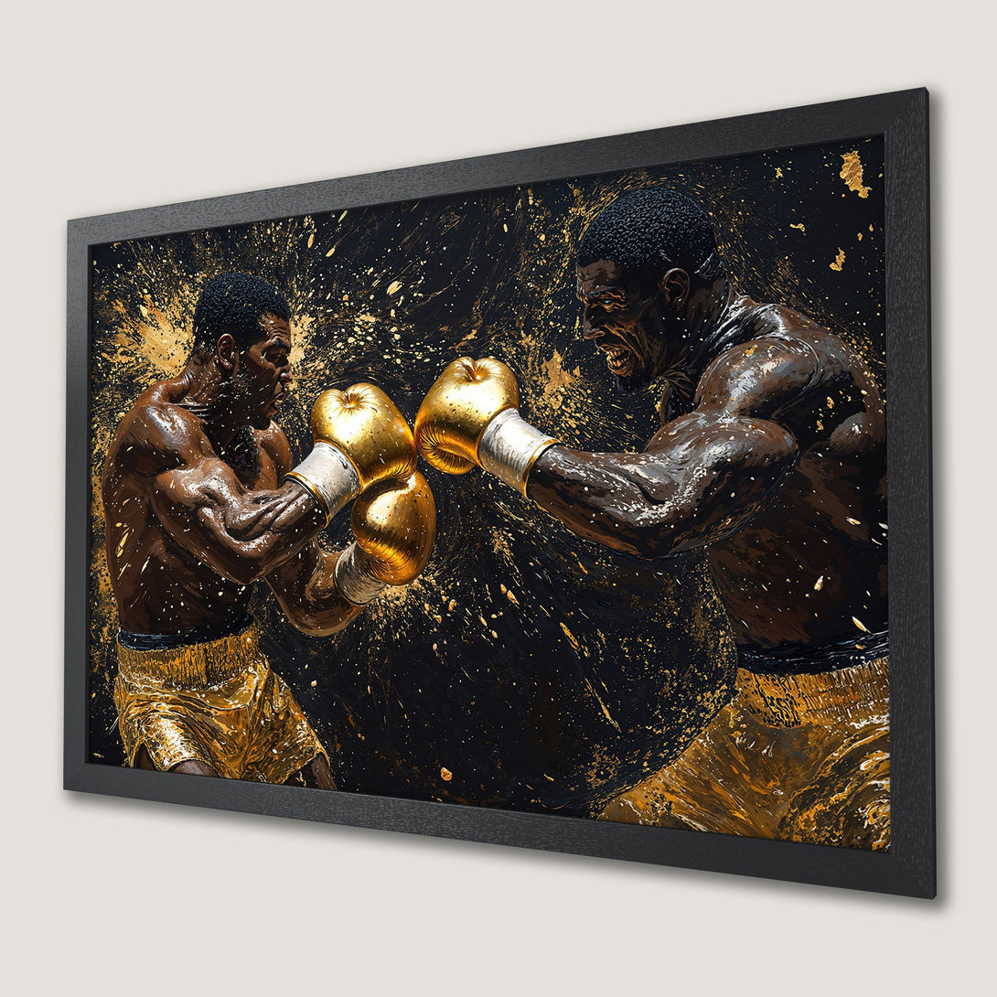 Framed Poster of boxers in action, gold and black abstract art. Powerful wall art for your home.