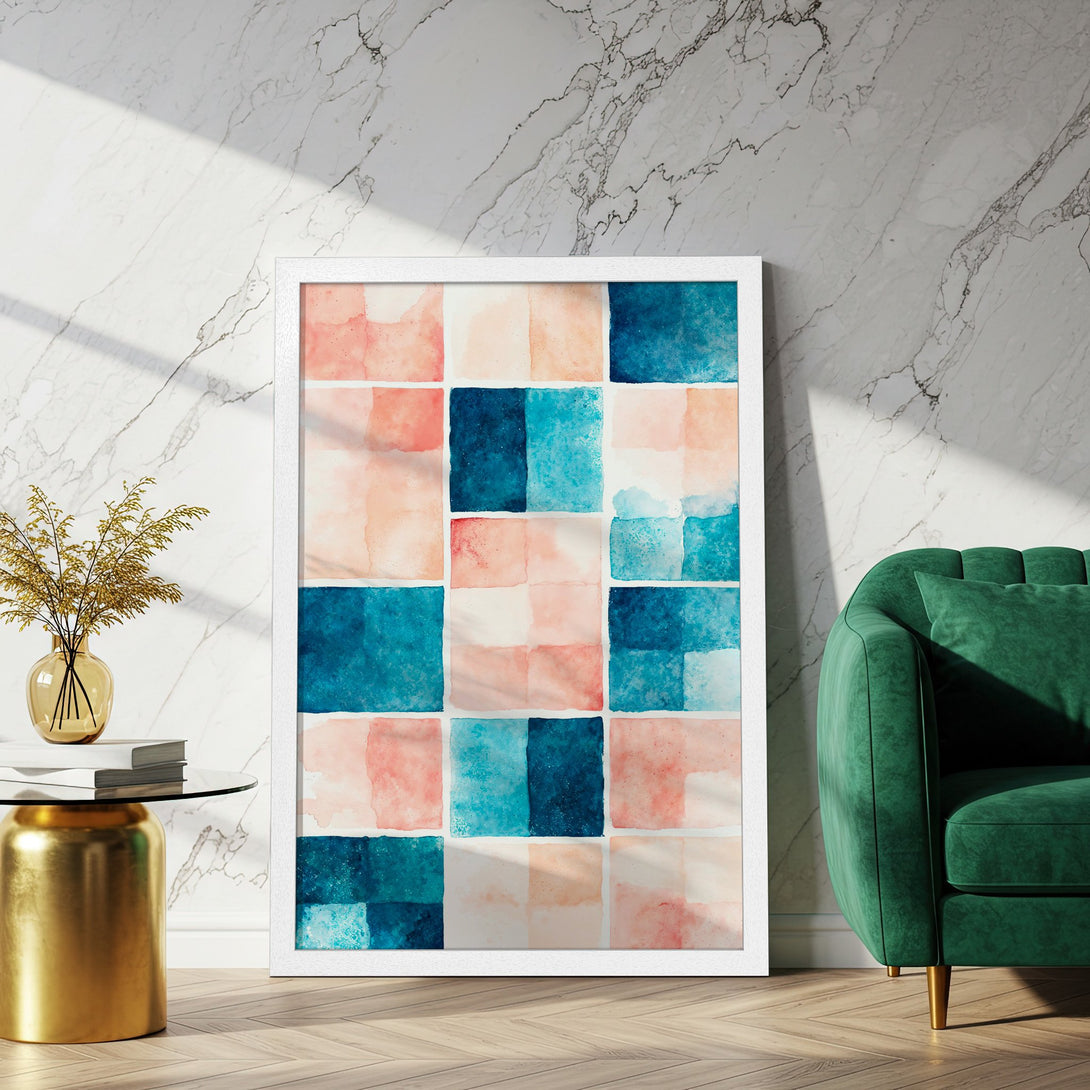 Framed Poster featuring abstract watercolor squares in teal and peach tones. Modern art print for stylish home decor.
