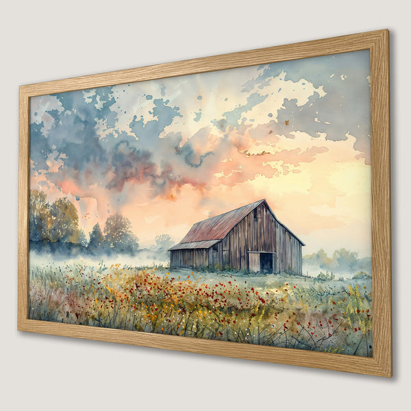 Framed Poster of a watercolor barn scene with warm sunset colors. Rustic art for your home!