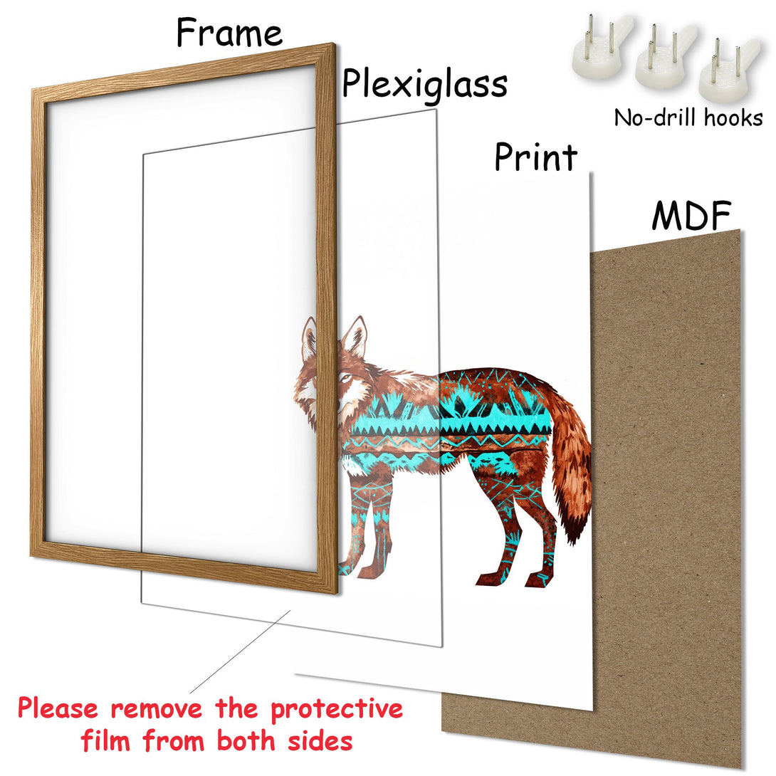 Framed Poster featuring a watercolor wolf with tribal patterns in brown and teal. Perfect wall art for any space.