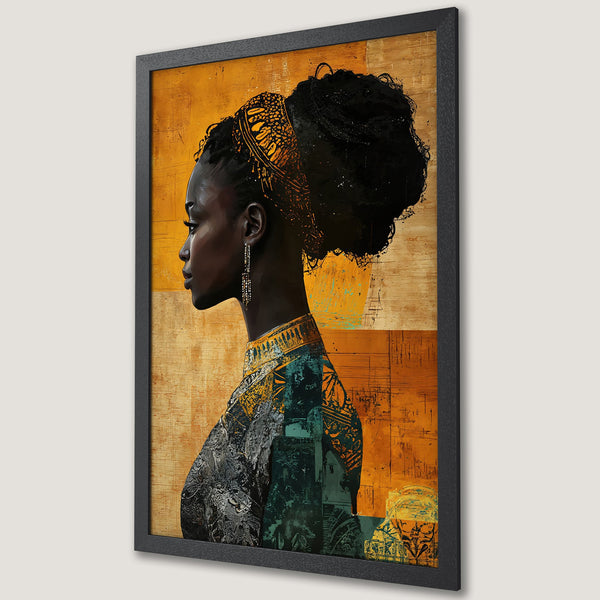 Framed Poster featuring a profile portrait of a Black woman, abstract style, warm orange & teal color palette. Add art to your space!