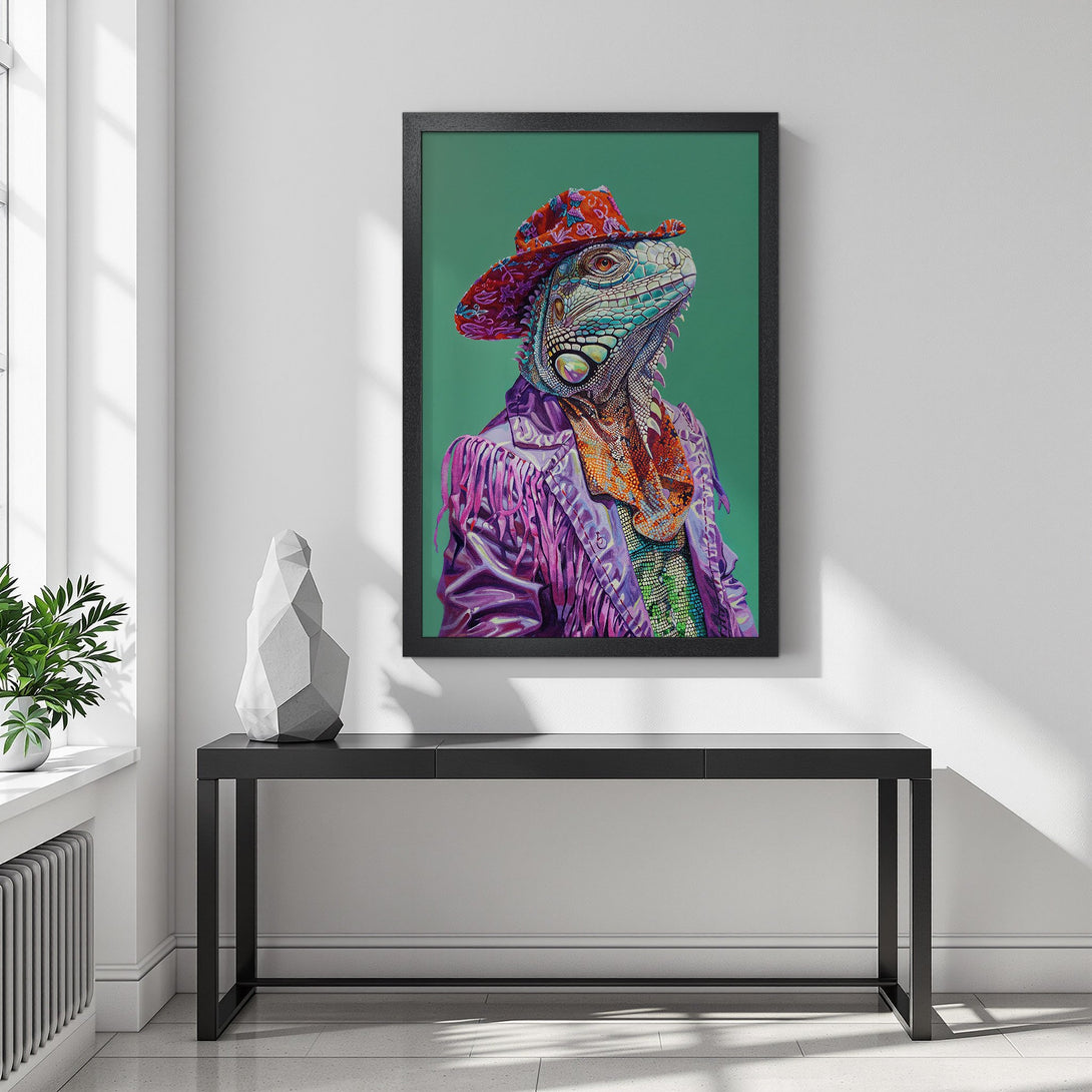 Framed Poster featuring a stylish iguana in a hat and jacket, vibrant colors on a green background. Perfect wall art!