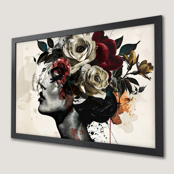Framed Poster featuring a woman with floral headpiece, artistic style, and a monochrome, red, and cream color palette.