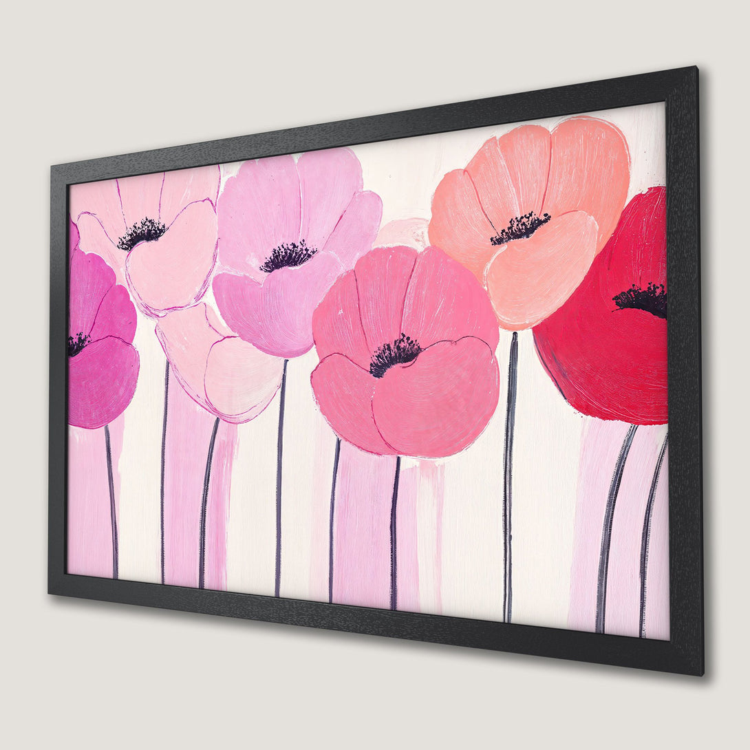 Framed Poster featuring abstract poppy flowers in pink and red hues, perfect wall art for a modern home.