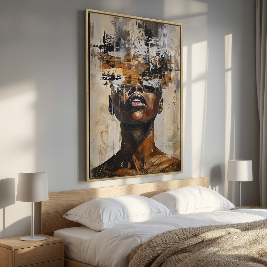 Framed Wall Art of an abstract portrait in neutral tones. Modern canvas print with a brown, black, and beige color palette, perfect for bedroom decor.