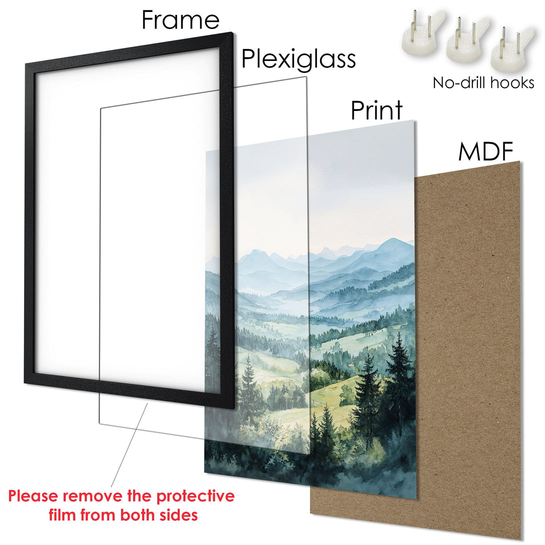 Framed Poster featuring a watercolor landscape with a blue and green color palette. Perfect wall art for any room.