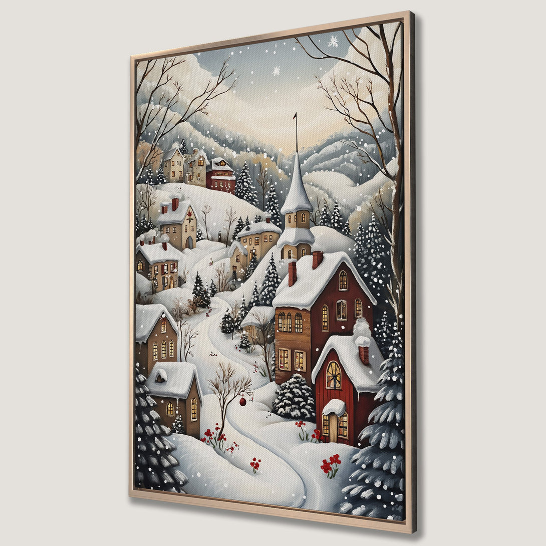 Framed Wall Art: Winter village scene Canvas Print with a warm, inviting color palette. Cozy cottagecore style art for your home decor.