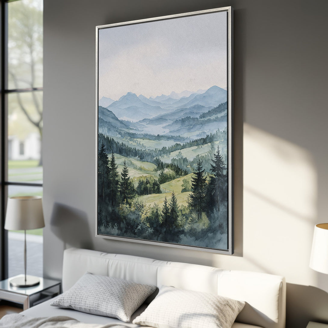 Framed Wall Art: Watercolor landscape Canvas Print with a serene mountain scene in blue and green hues, perfect for a calming bedroom decor.