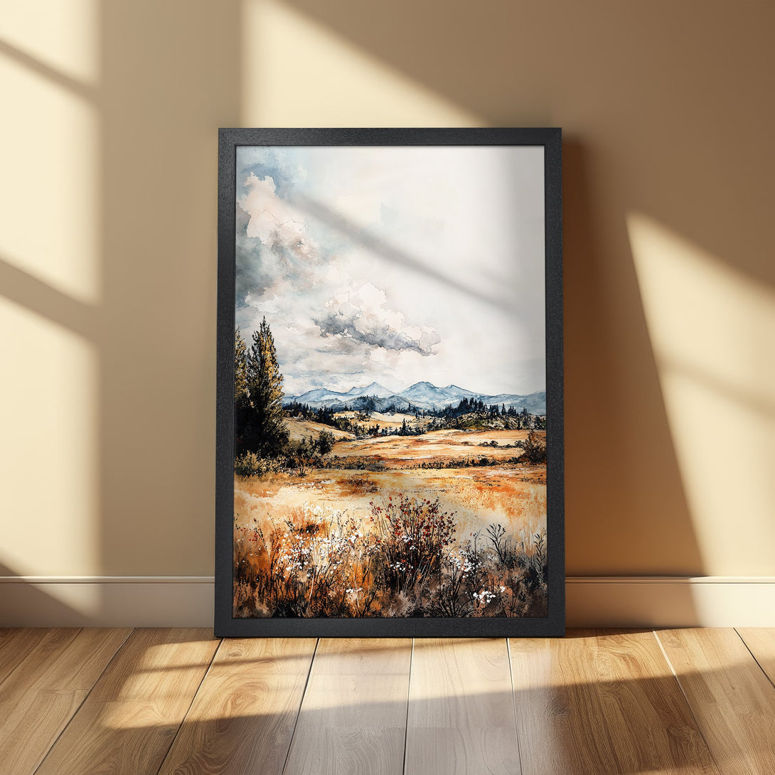 Framed Poster featuring a watercolor landscape with mountains, in a warm earth-tone palette. Perfect wall art for any room!