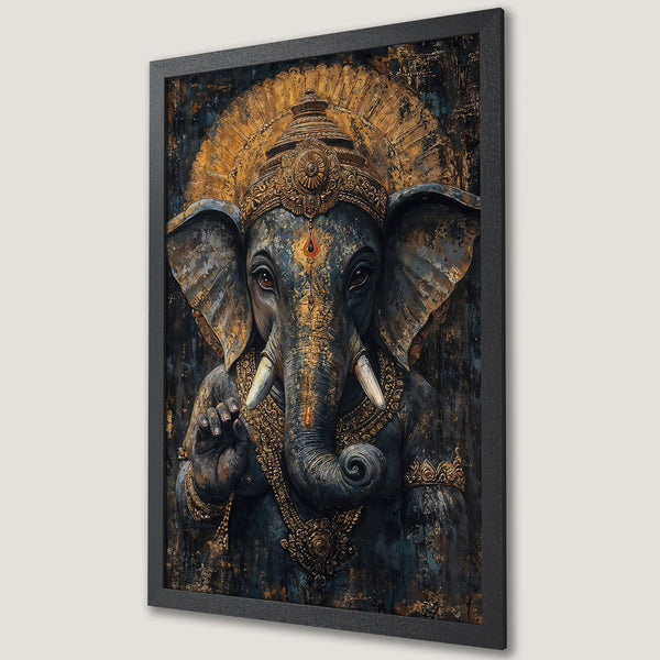 Framed Poster featuring a detailed illustration of Ganesha in a dark, textured style with gold and teal accents. Perfect wall art!