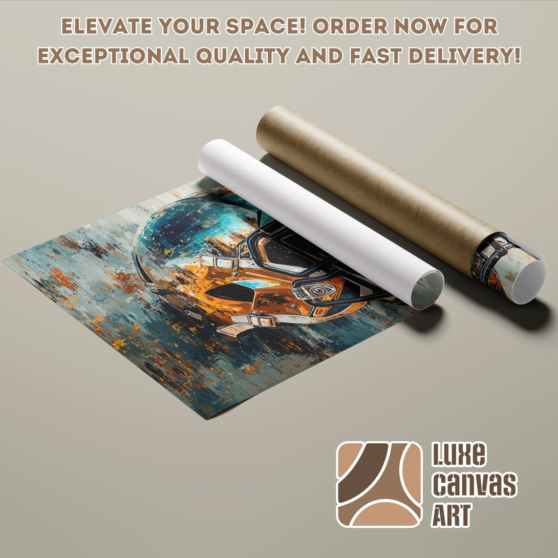 Abstract football helmet Poster Roll in blue, orange, and brown tones. Elevate your space!