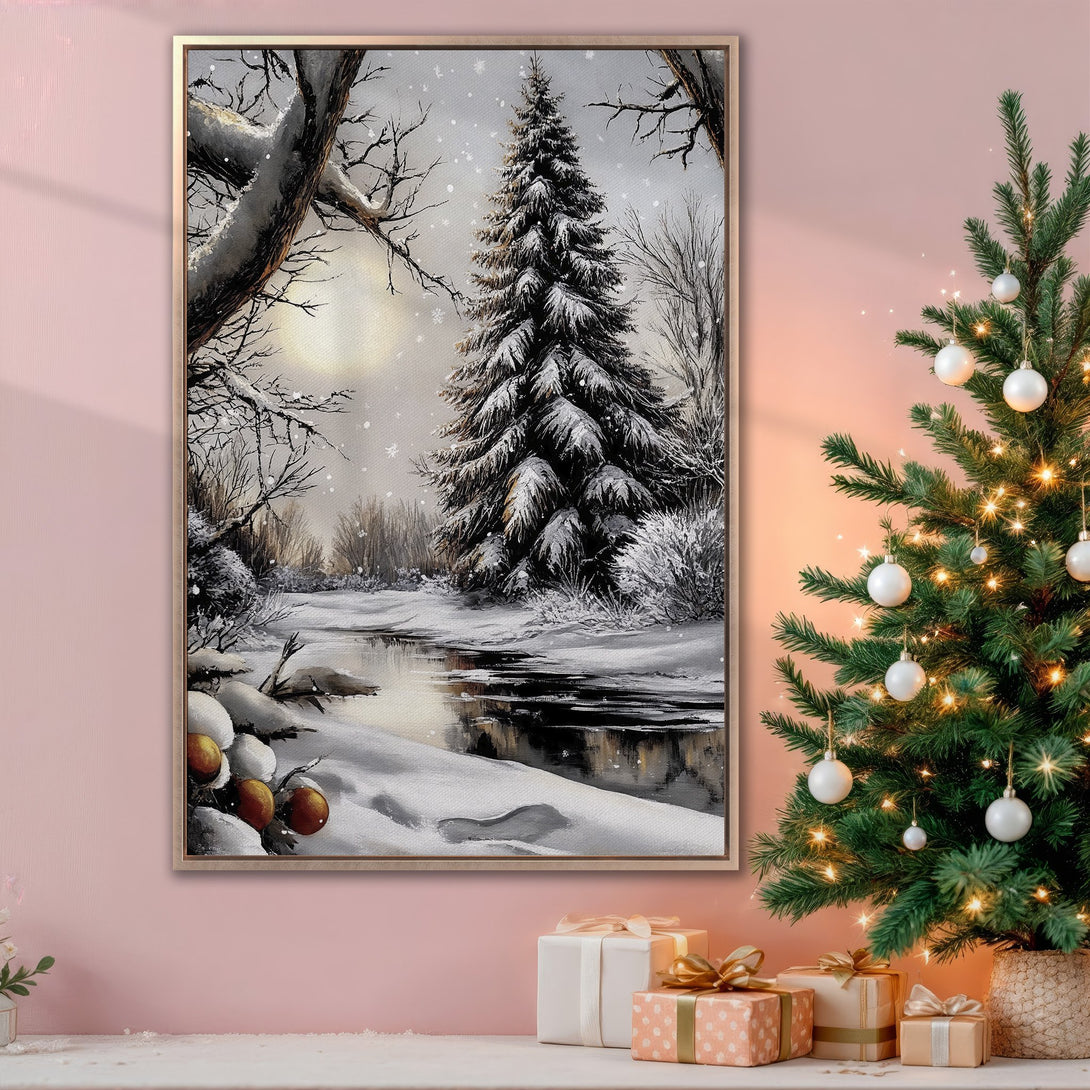 Framed Wall Art: Winter landscape Canvas Print in cool tones. Snowy scene with a river and trees. Perfect for adding a touch of nature to your home decor.