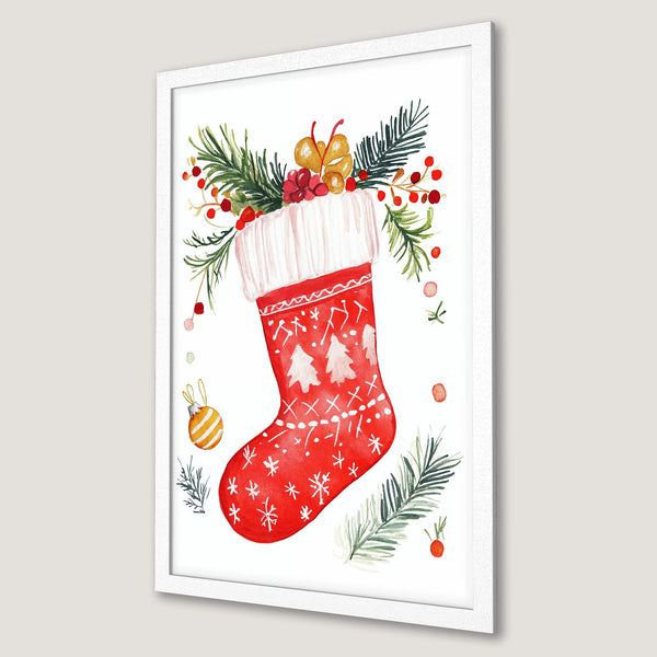 Framed Poster featuring a watercolor Christmas stocking, festive style, red & green palette. Perfect holiday decor!