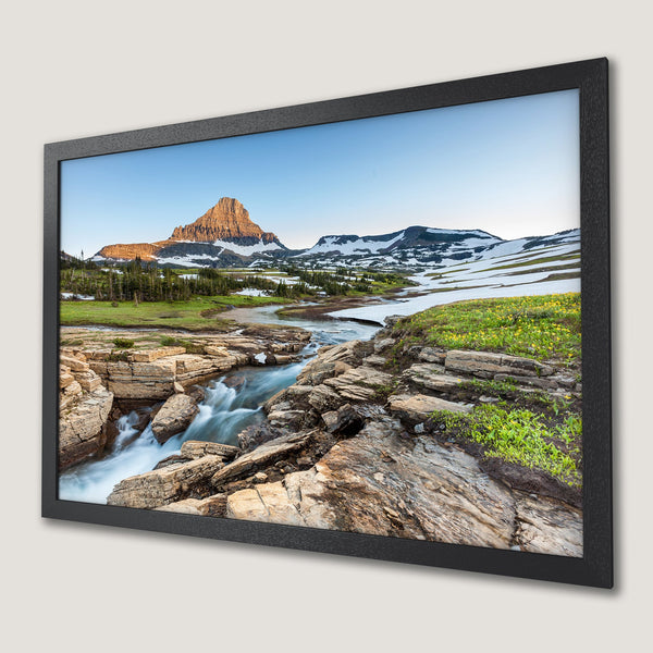 Framed Poster of a mountain landscape with a river, natural style, earth tones & blue sky. Perfect wall art!