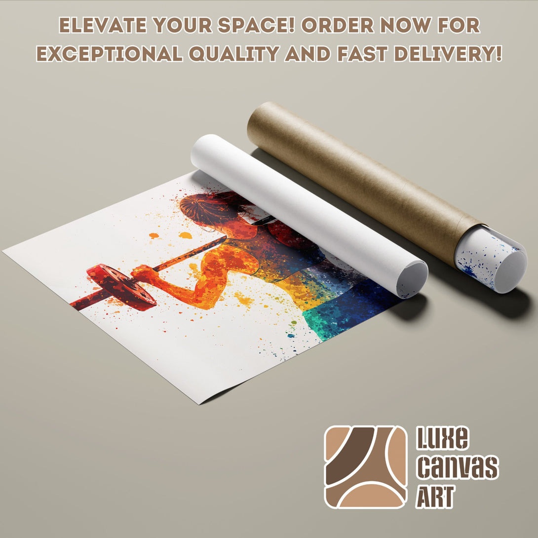 Watercolor Poster Roll featuring a weightlifter, vibrant orange & blue color palette, perfect wall art.