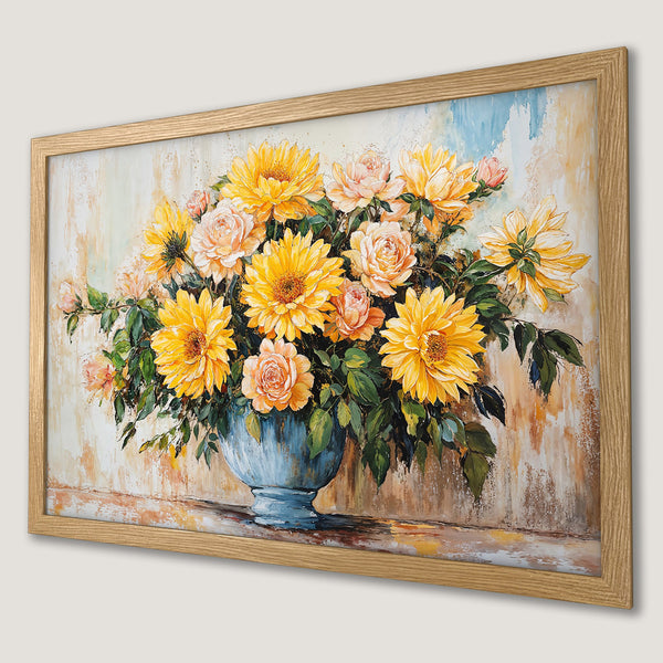 Framed Poster of vibrant floral still life painting in yellow, peach, and blue. Add a touch of art to your space!