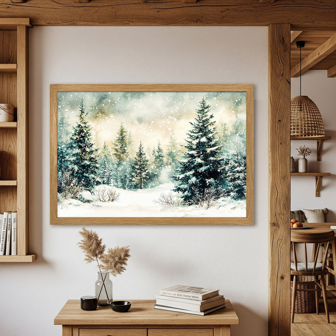 Framed Poster of a winter forest scene in watercolor style, featuring snowy trees. Serene, blue and beige color palette. Perfect wall art!
