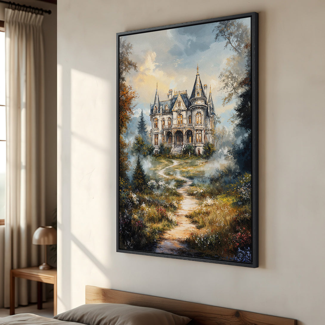 Framed Wall Art of a stately mansion in a lush landscape. Romantic, impressionistic style with warm, earthy tones and a touch of blue. Perfect for home decor.