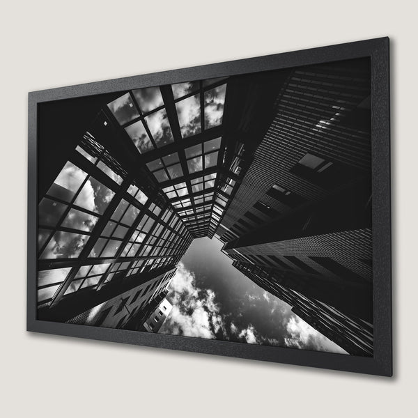 Framed Poster of modern architecture with a dramatic perspective, showcasing a black and white color palette.