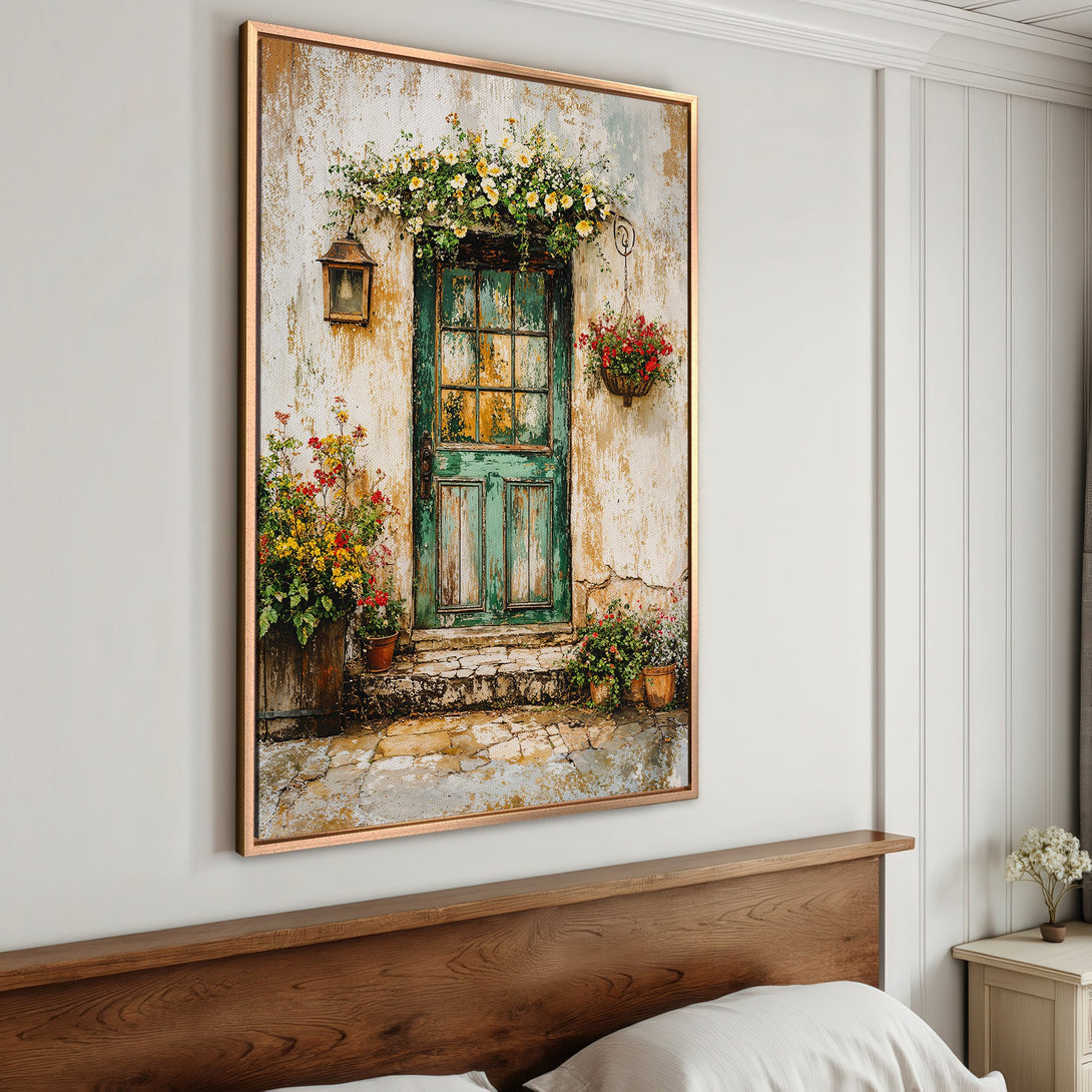 Framed Wall Art: Rustic door with flowers in a warm, inviting color palette. Perfect for adding charm to your home decor.
