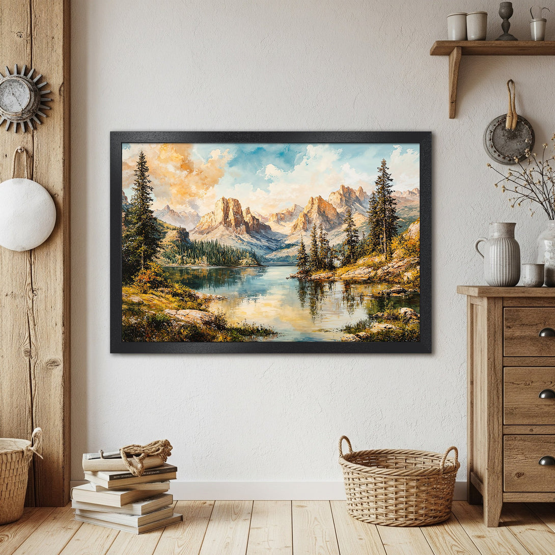 Framed Poster of a mountain lake landscape painting, featuring a warm, natural color palette. Perfect wall art!