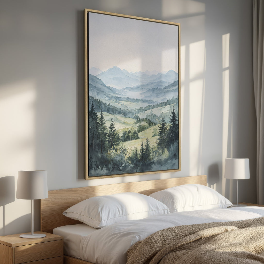 Framed Wall Art: Watercolor landscape print in cool blue and green tones. Adds serene style to any bedroom. Perfect for nature lovers.