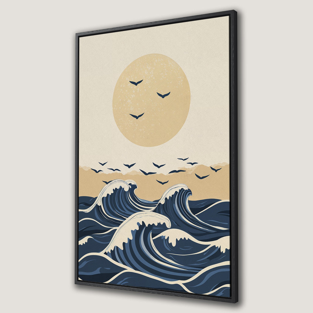 Framed Wall Art: Coastal waves art print in a minimalist style. Features a calming blue and beige color palette. Perfect for modern home decor.