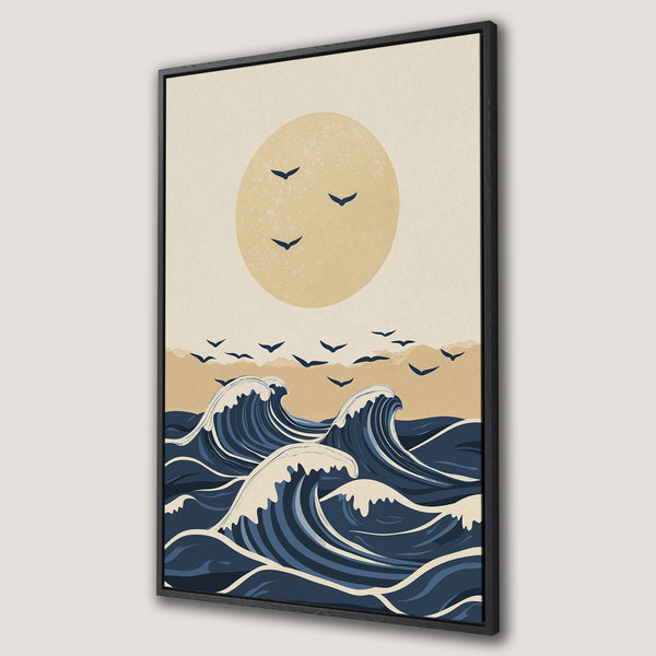 Framed Wall Art: Coastal waves art print in a minimalist style. Features a calming blue and beige color palette. Perfect for modern home decor.