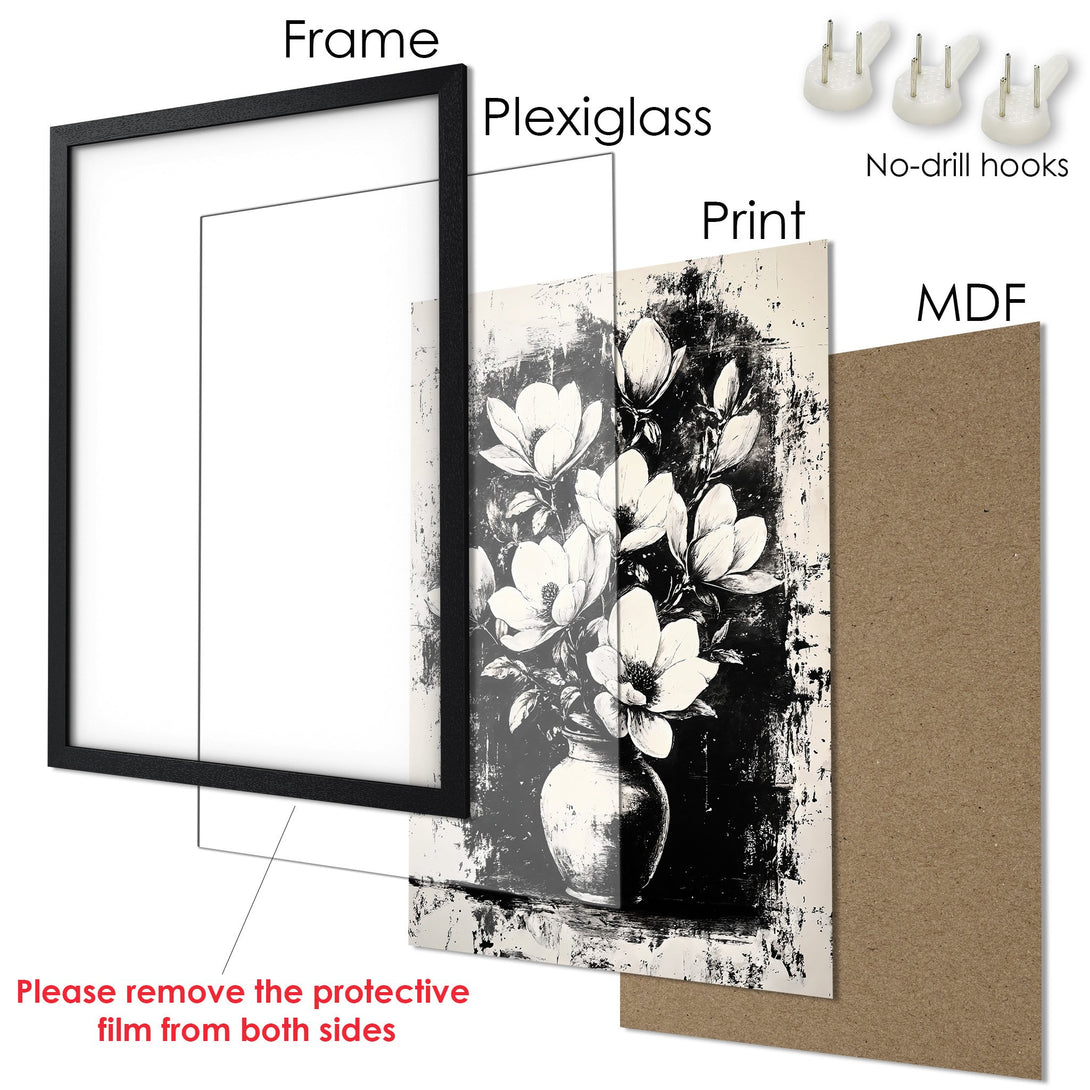 Framed Poster featuring a black and white floral art print. Modern style with a neutral color palette. Ready to hang!