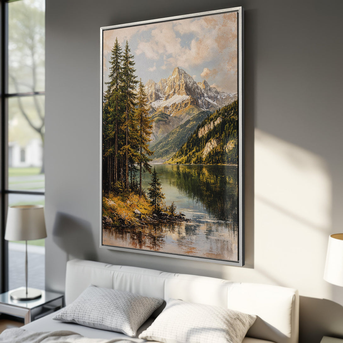 Framed Wall Art of a serene mountain lake scene. Earthy tones of green, gold, and blue create a calming landscape. Perfect for adding nature's beauty to your space.