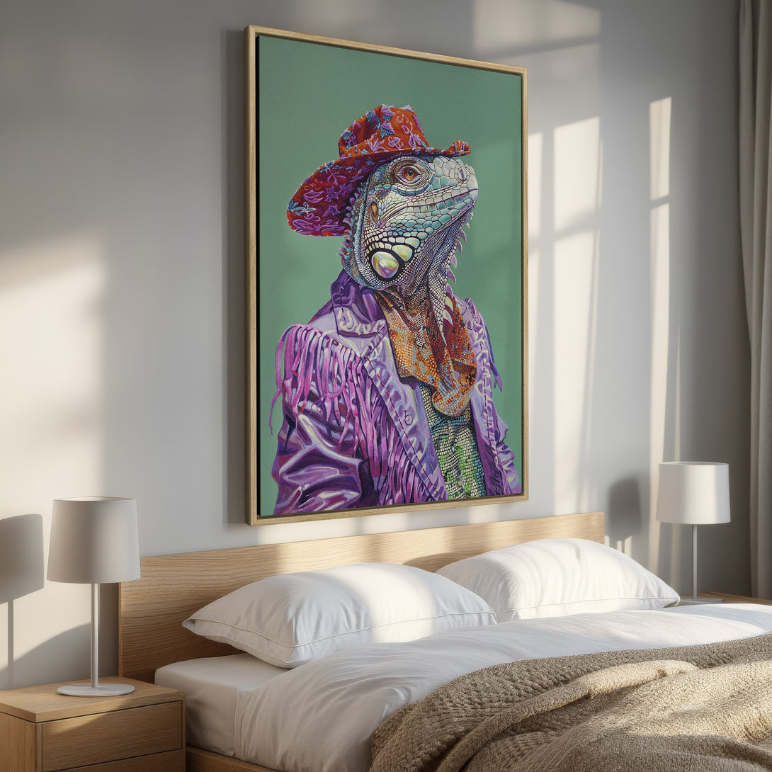Framed Wall Art featuring a stylish iguana in a cowboy hat. Bold, colorful artwork with a purple and green palette, perfect for adding personality to any room.