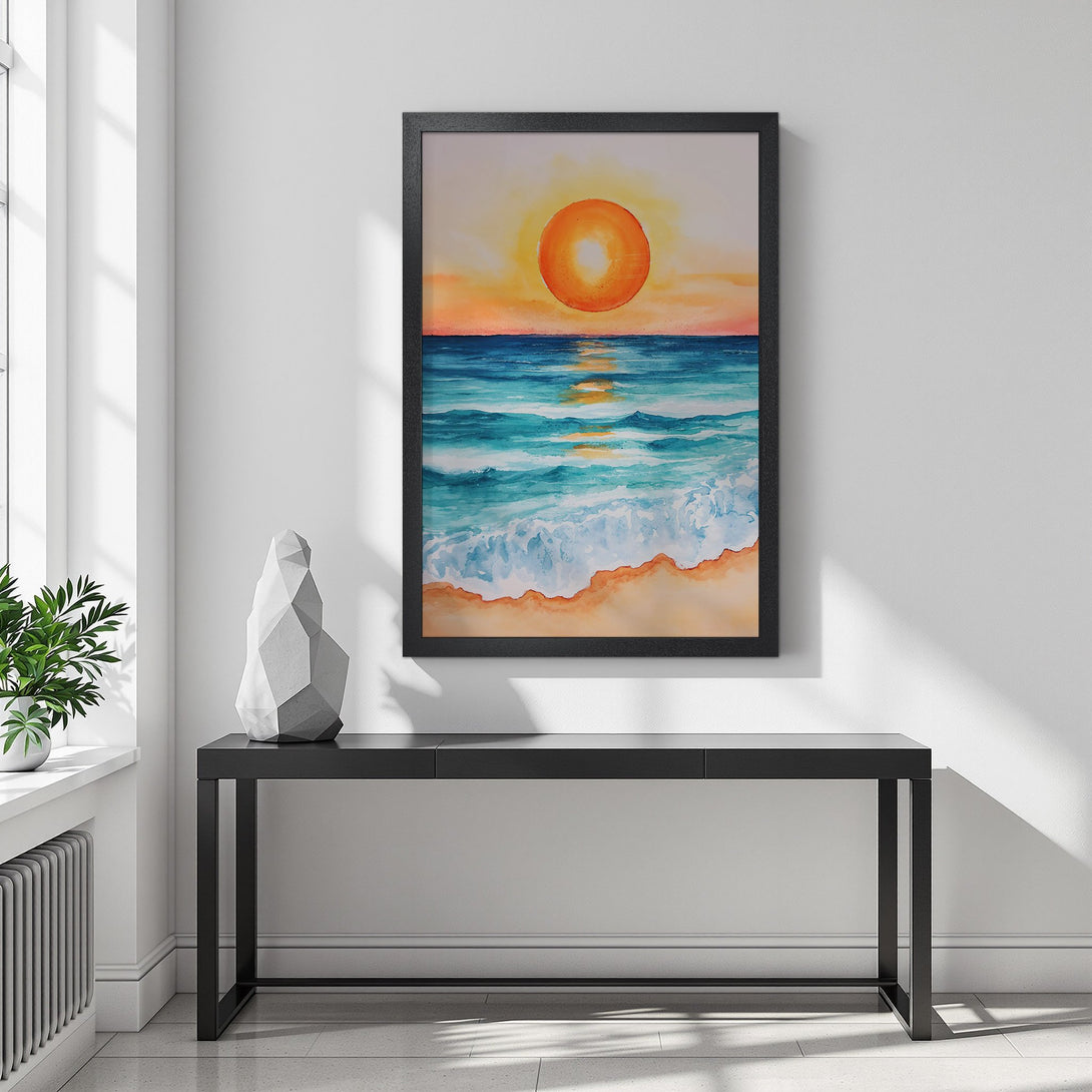 Framed Poster of a watercolor beach scene with a sunset. Features a vibrant orange, blue, and teal color palette. Perfect wall art!