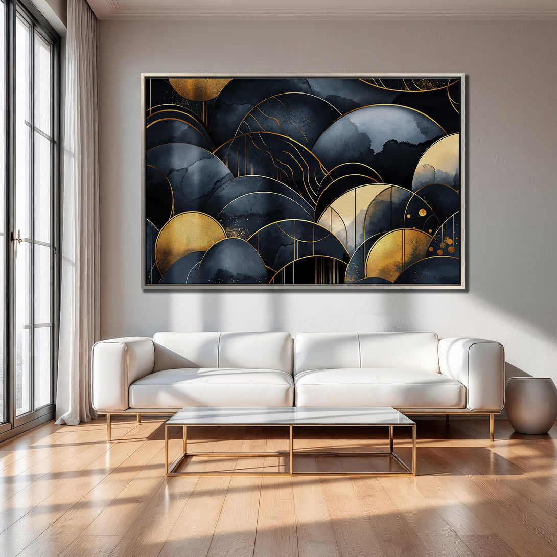 Framed Wall Art featuring abstract gold and navy art. Modern design with a luxurious feel. Perfect for living room decor.
