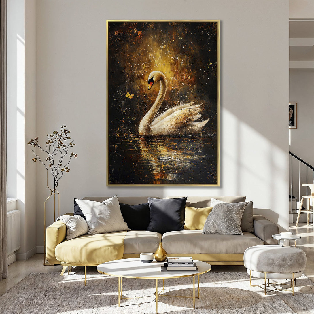 Canvas Print featuring a serene swan painting in warm gold and black tones. Elegant wall art for a cozy interior.