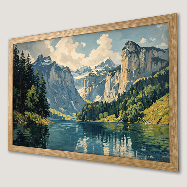Framed Poster featuring a serene mountain lake landscape in a painterly style with a blue, green, and neutral color palette.