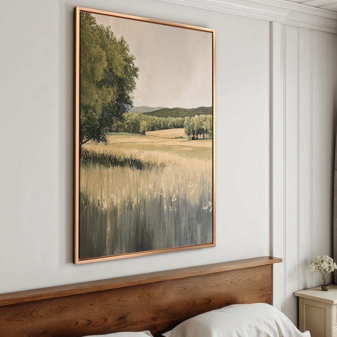 Framed Wall Art: Landscape painting in neutral tones. Rustic canvas print with a serene field and tree scene, perfect for any home decor style.