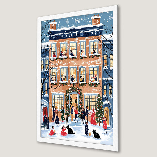 Framed Poster of a festive winter scene with a cozy house, people, and a blue, orange, and white color palette. Perfect holiday decor!