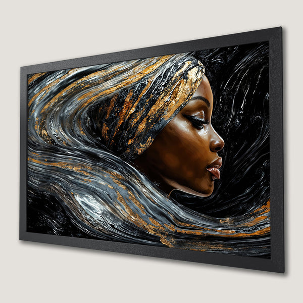 Framed Poster featuring an elegant woman with flowing hair, abstract style, black, gold, and brown color palette.