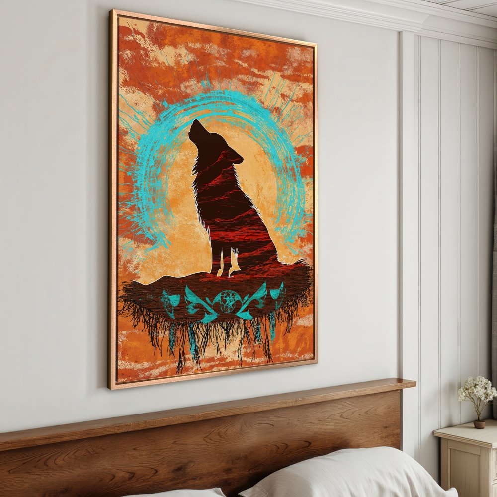Framed Wall Art featuring a howling wolf silhouette. Rustic style with warm orange, red, and teal tones. Perfect for adding a touch of nature to your decor.