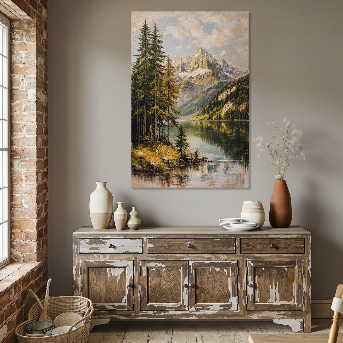 Framed Wall Art: Scenic mountain landscape Canvas Print in warm tones. Adds a touch of nature and elegance to any dining room decor. Shop now!