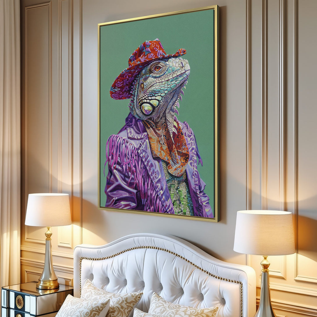 Canvas Print of a stylish iguana in a cowboy hat, vibrant purple and orange color palette, displayed in a modern interior.