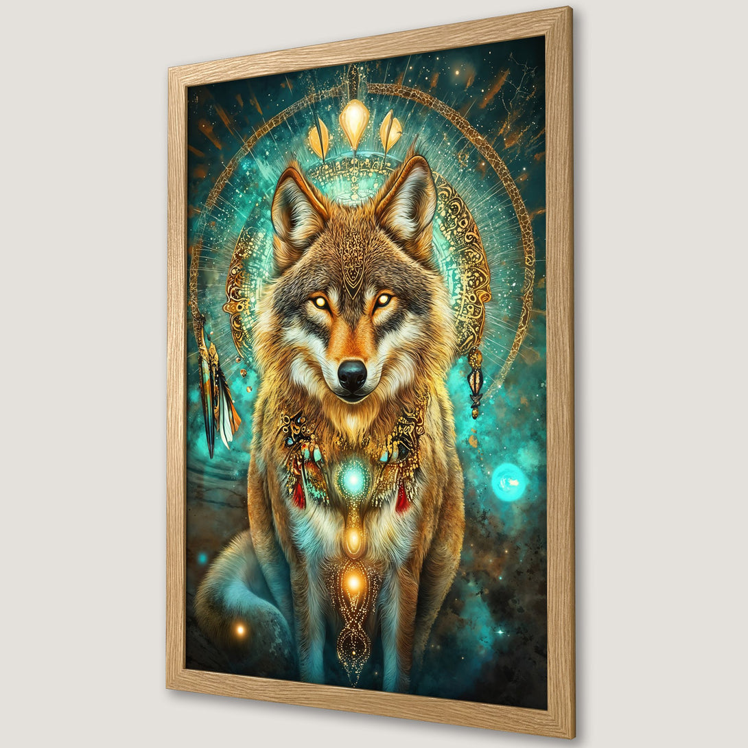 Framed Poster featuring a mystical wolf illustration in a teal and gold color palette, perfect for adding a touch of magic to your space.