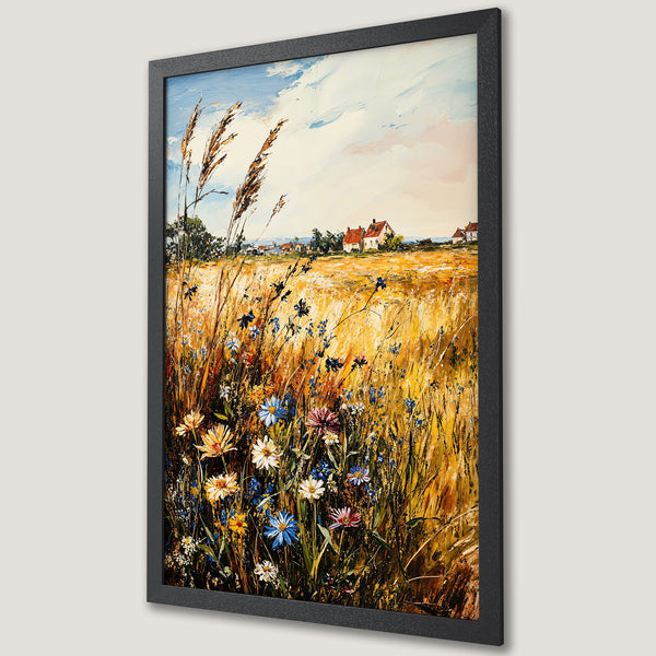 Framed Poster of a vibrant field landscape painting with wildflowers, warm yellow and blue color palette, impressionist style.