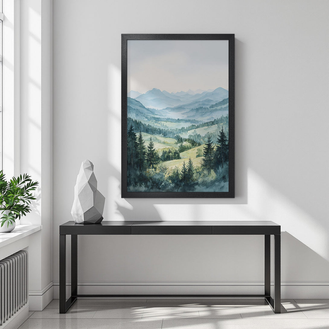 Framed Poster of a serene watercolor landscape with blue and green hues. Perfect art for any room!