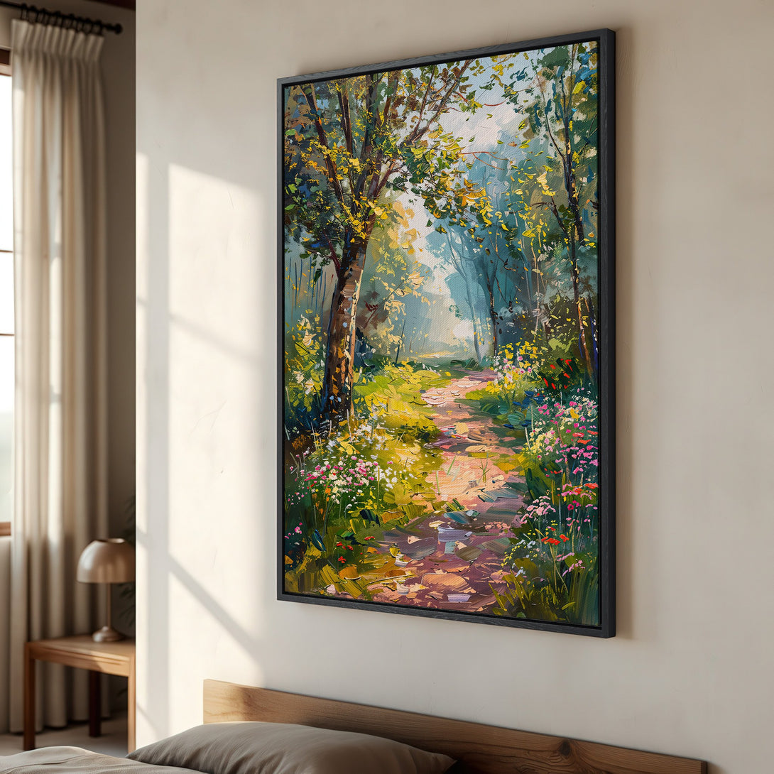 Framed Wall Art: Impressionist forest path canvas print. Vibrant greens, yellows, and blues create a stunning, colorful landscape for your home decor.