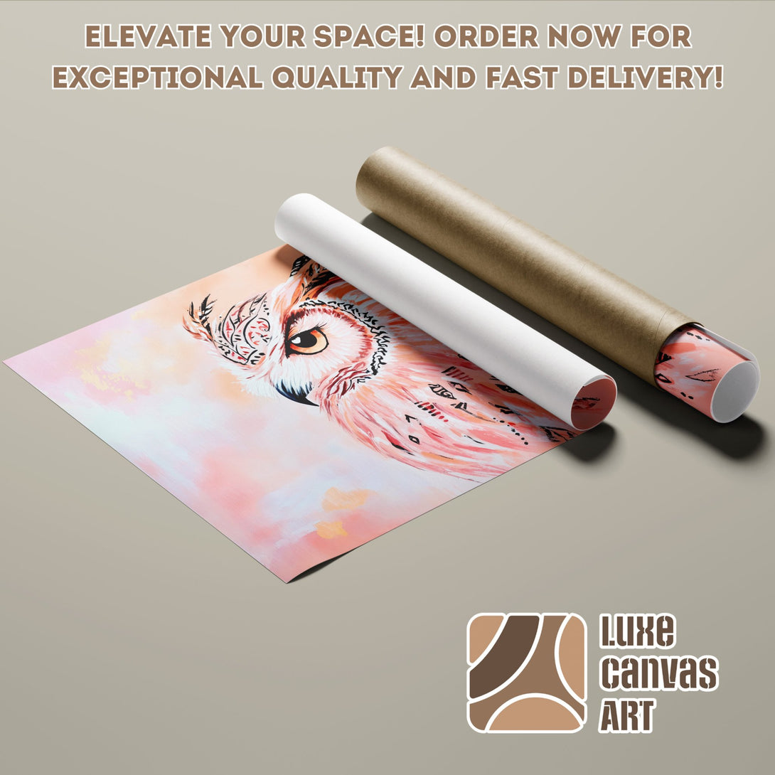 Owl art poster roll, pink, peach, and brown color palette, perfect for home decor. Order now!