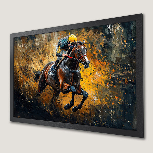 Framed Poster: Dynamic horse racing art in vibrant orange, black, and gold. Perfect equestrian decor for your home.